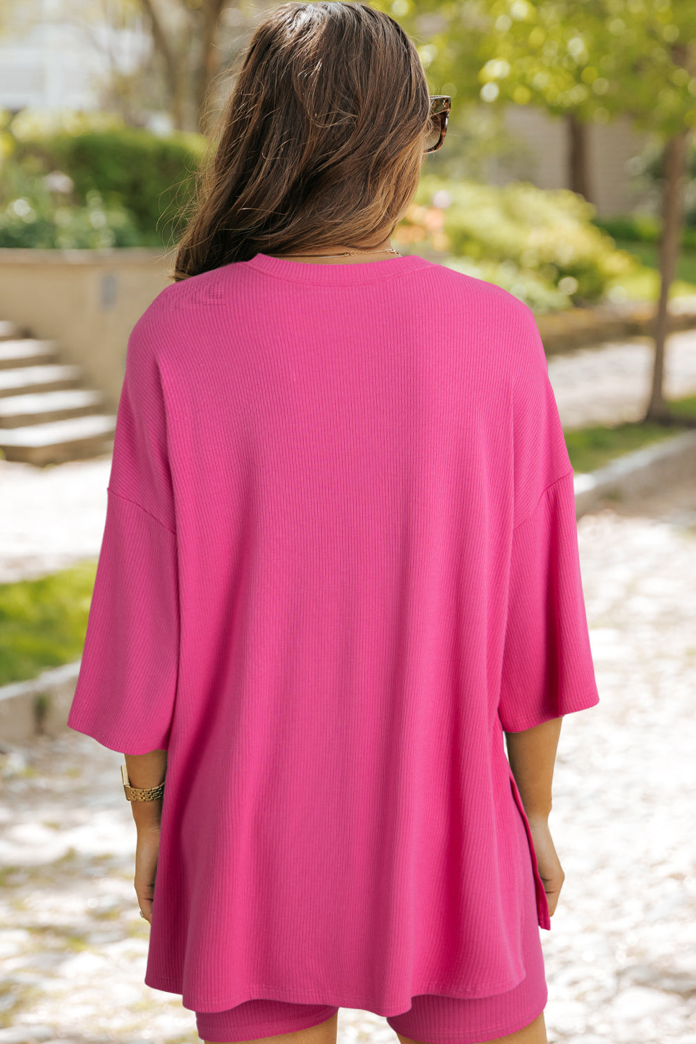 Rose Red Solid Color Loose Tunic Top and Slim Shorts Set Short Sets JT's Designer Fashion