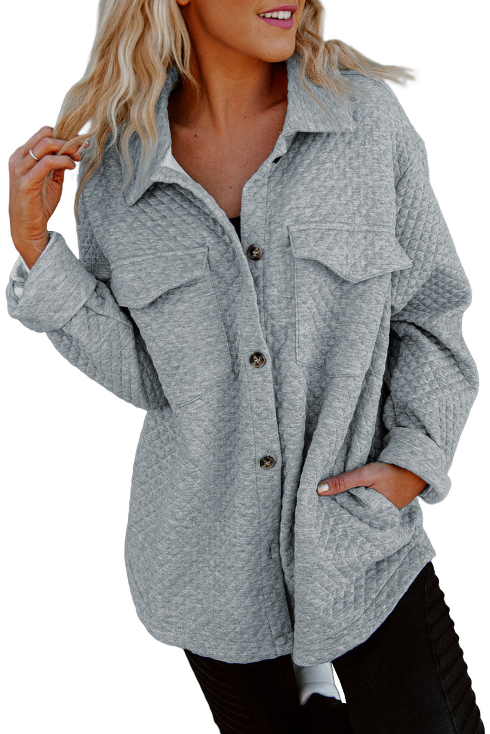Gray Retro Quilted Flap Pocket Button Shacket Jackets JT's Designer Fashion