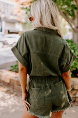 Moss Green Short Sleeve Buttoned Elastic Waist Frayed Denim Romper Bottoms JT's Designer Fashion