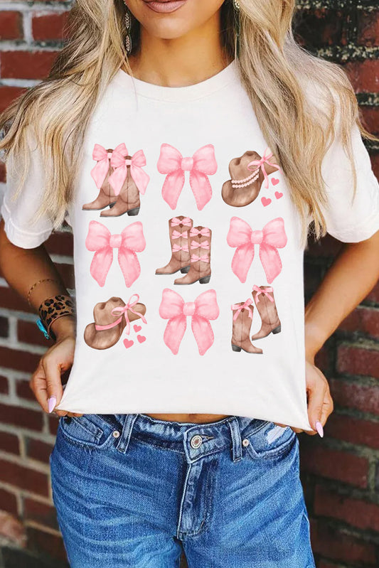 White Western Hat Boots Bow Knot Casual Graphic T Shirt Graphic Tees JT's Designer Fashion
