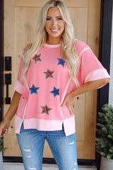 Peach Blossom Independence Day Sequin Star Graphic Contrast Patchwork Tee Graphic Tees JT's Designer Fashion