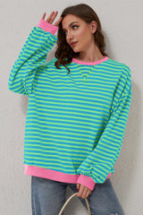 Sky Blue Stripe Oversized Contrast Trim Pullover Sweatshirt Sweatshirts & Hoodies JT's Designer Fashion