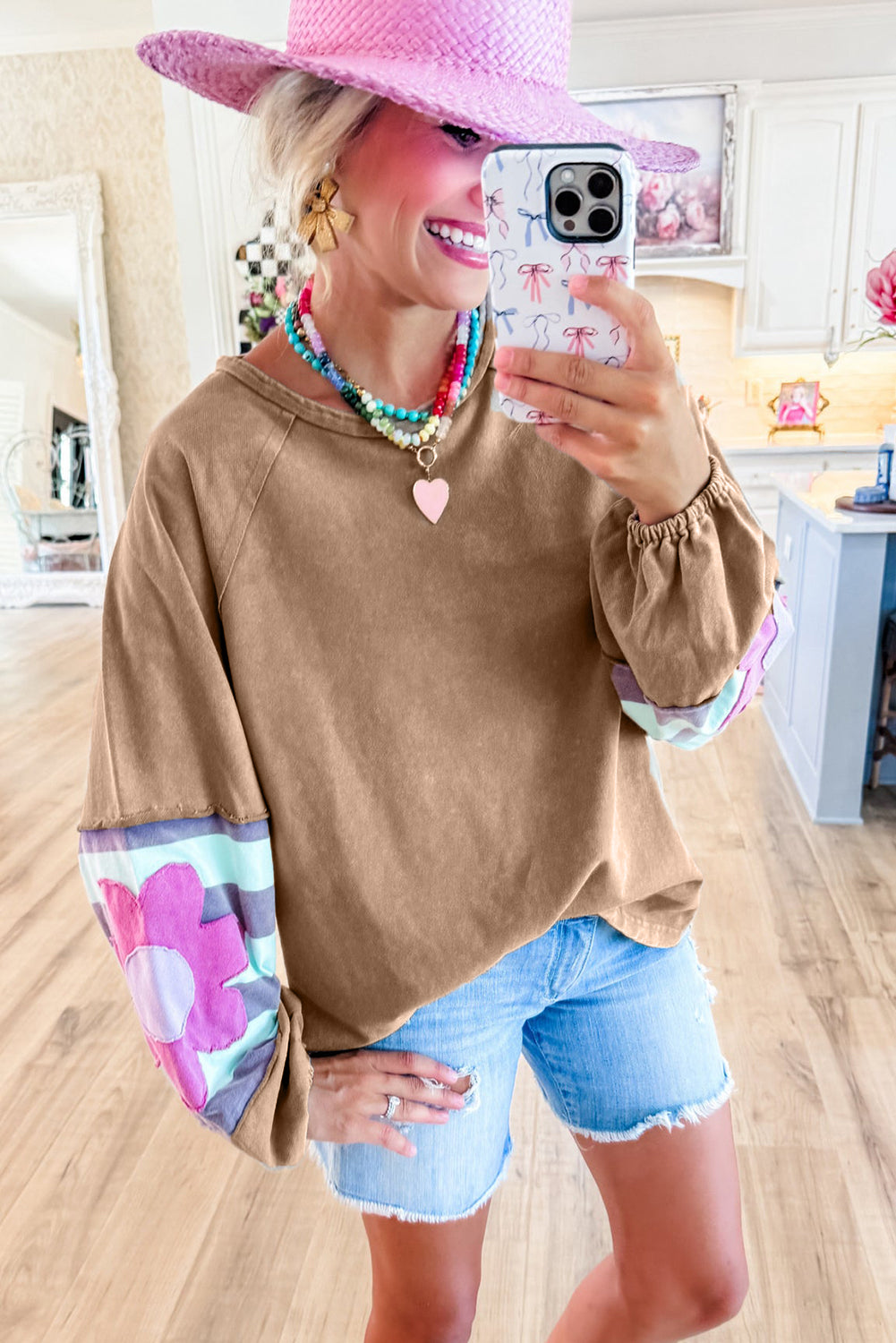 Dune Flower Patchwork Raglan Sleeve Exposed Seam Oversized Top Long Sleeve Tops JT's Designer Fashion