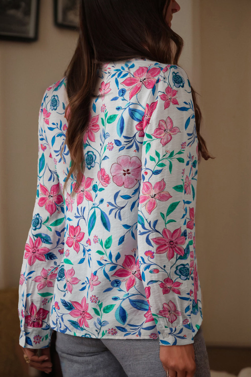 Pink Floral Print Lace Detail Button-up Long Sleeve Shirt Blouses & Shirts JT's Designer Fashion