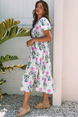 White Floral Puff Short Sleeve V Neck High Waist Maxi Dress Floral Dresses JT's Designer Fashion