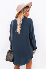Blue Corduroy Shirt Style Full Button Long Sleeve Shift Mini Dress Mini Dresses JT's Designer Fashion