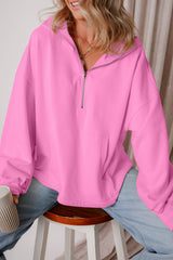 Bonbon Fleece Lined Half Zipper Kangaroo Pockets Loose Hoodie Sweatshirts & Hoodies JT's Designer Fashion