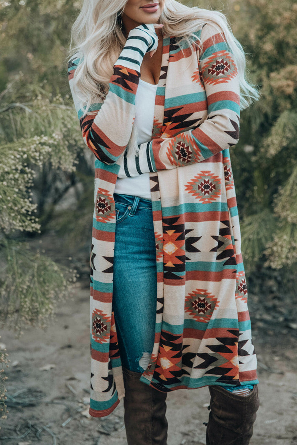 Multicolor Geometric Color Block Open Front Long Cardigan Sweaters & Cardigans JT's Designer Fashion