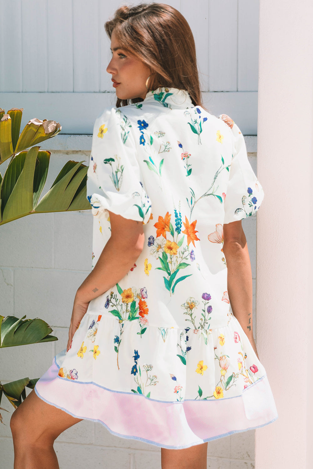 White Floral Print Contrast Striped Patchwork Short Puff Sleeve Dress Floral Dresses JT's Designer Fashion