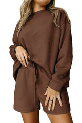 Brown Textured Long Sleeve Top and Drawstring Shorts Set Short Sets JT's Designer Fashion