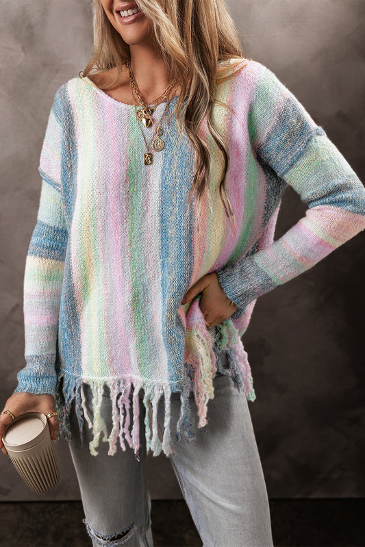 Purple Color Block Fringed Drop Shoulder Tunic Sweater Purple 46%Acrylic+23%Polyamide+21%Polyester+9%Wool+1%Elastane Sweaters JT's Designer Fashion