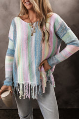 Purple Color Block Fringed Drop Shoulder Tunic Sweater Purple 46%Acrylic+23%Polyamide+21%Polyester+9%Wool+1%Elastane Sweaters JT's Designer Fashion