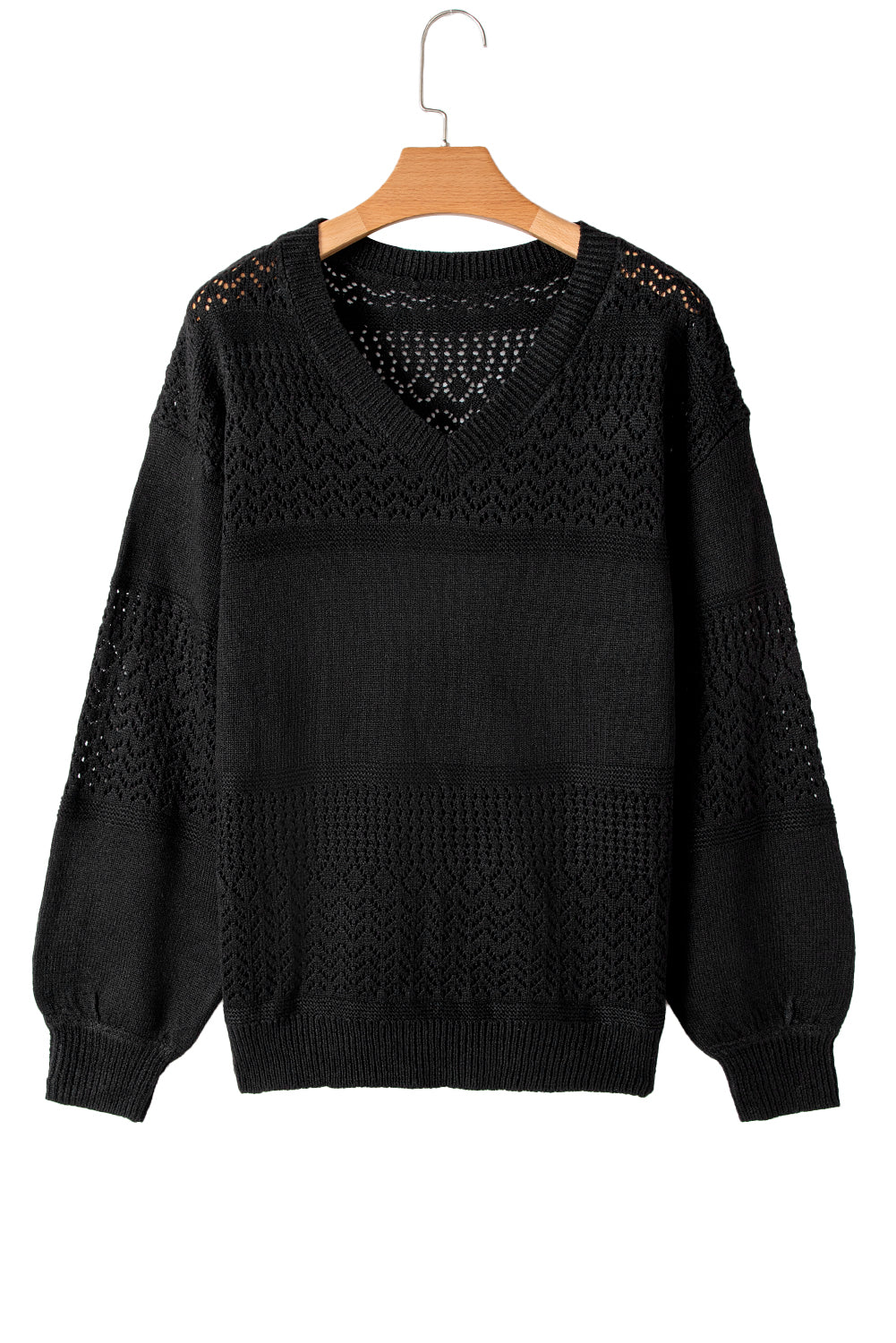 Black Eyelet Pattern Detail V Neck Drop Shoulder Sweater Sweaters JT's Designer Fashion