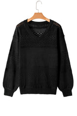 Black Eyelet Pattern Detail V Neck Drop Shoulder Sweater Sweaters JT's Designer Fashion