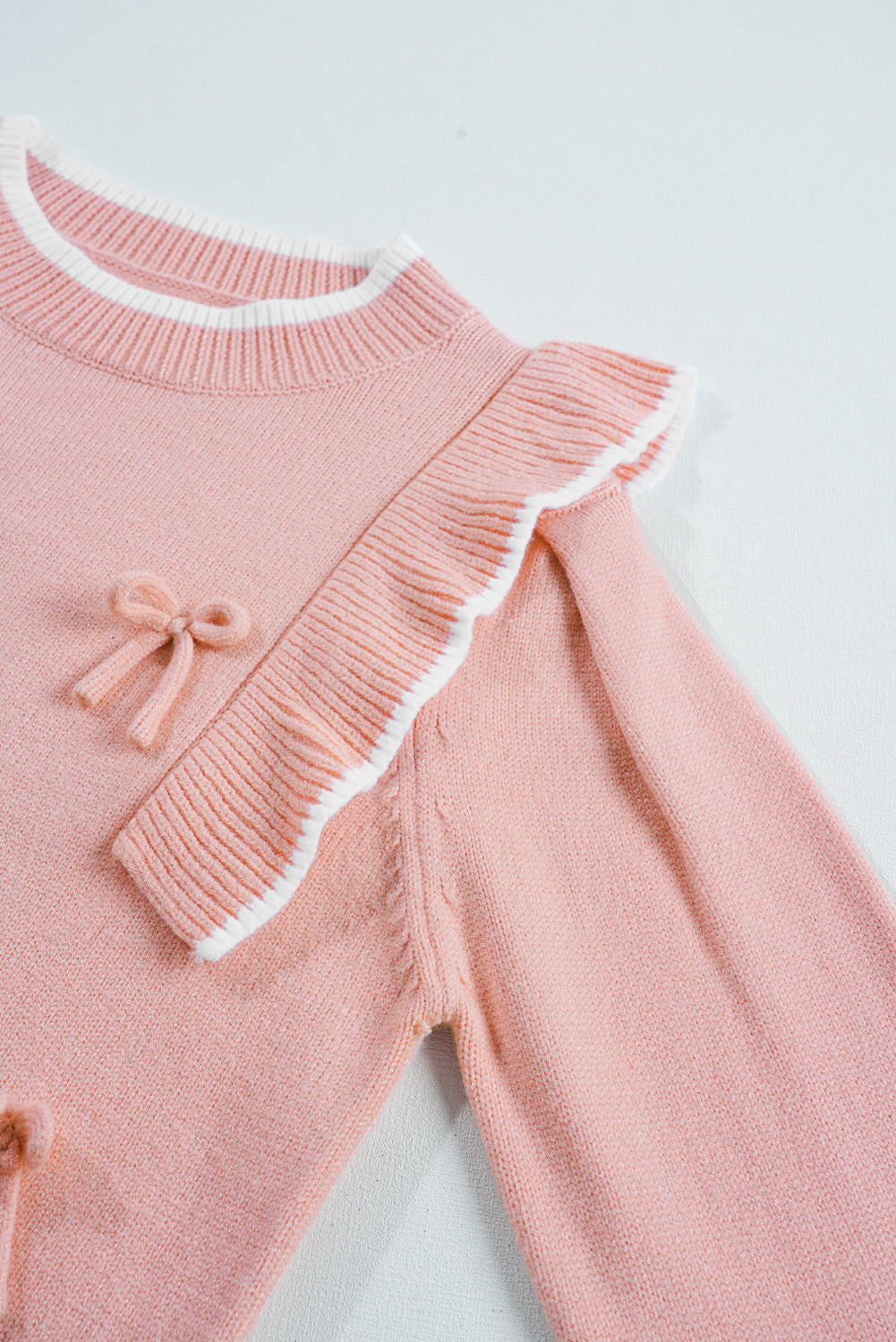 Light Pink Ruffled Bowknot Ribbed Trim Long Sleeve Sweater Sweaters JT's Designer Fashion