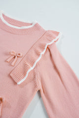 Light Pink Ruffled Bowknot Ribbed Trim Long Sleeve Sweater Sweaters JT's Designer Fashion