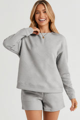 Gray Textured Long Sleeve Top and Drawstring Shorts Set Short Sets JT's Designer Fashion