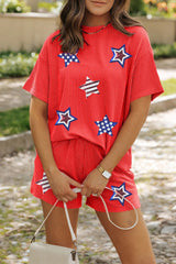 Orange Sequin USA Flag Star Graphic Corded T Shirt and Shorts Set Orange 75%Polyester+20%Viscose+5%Elastane Graphic Sets JT's Designer Fashion