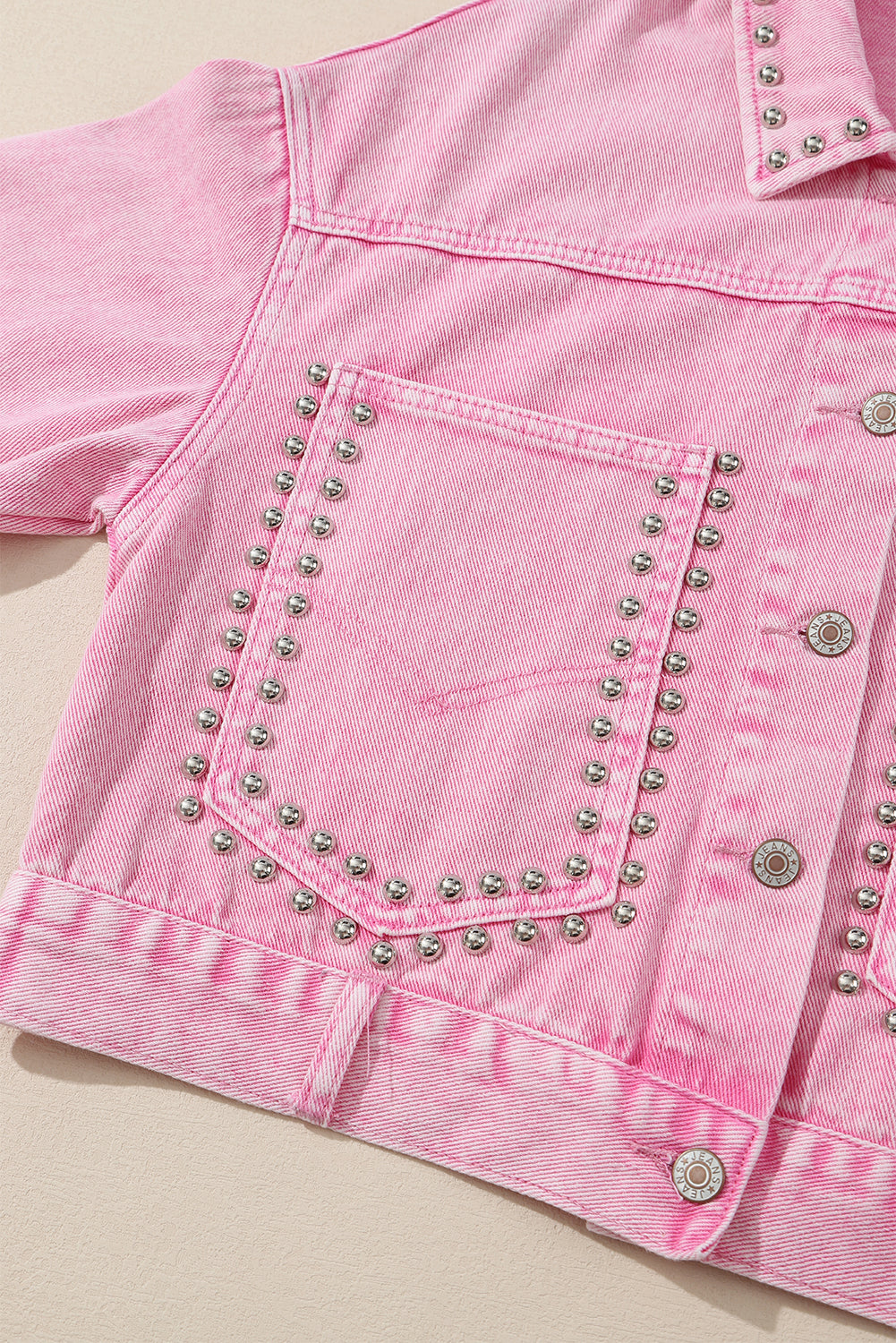 Pink Rivet Studded Pocketed Denim Jacket Denim Jackets JT's Designer Fashion