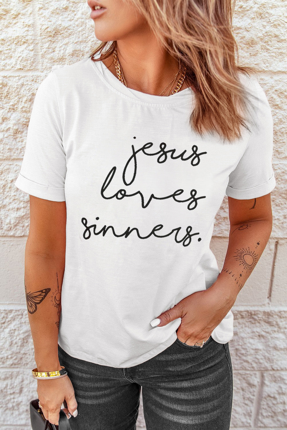 White Jesus Loves Sinners Funny Belief T Shirt Graphic Tees JT's Designer Fashion