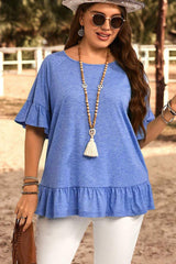 Dusk Blue Ruffled Short Sleeve Plus Size Casual Blouse Plus Size Tops & Tees JT's Designer Fashion