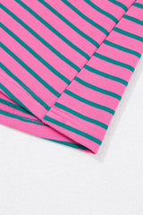 Rose Stripe Collared V Neck Puff Sleeve Shift T Shirt Dress with Pockets Plus Size Mini Dresses JT's Designer Fashion