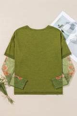 Fern Green Faux Two Piece Floral Long Sleeve Patchwork Tee Long Sleeve Tops JT's Designer Fashion