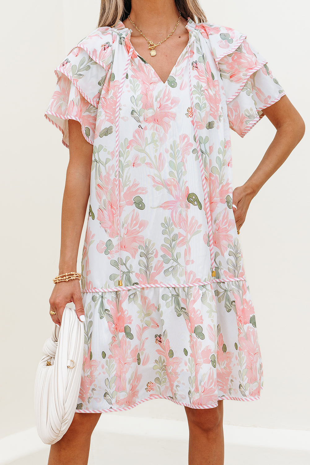 Pink Floral Contrast Edge Layered Short Sleeve Mini Dress Floral Dresses JT's Designer Fashion