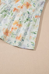 Beige Floral Print Shirred High Waist Puff Sleeve Mini Dress Floral Dresses JT's Designer Fashion