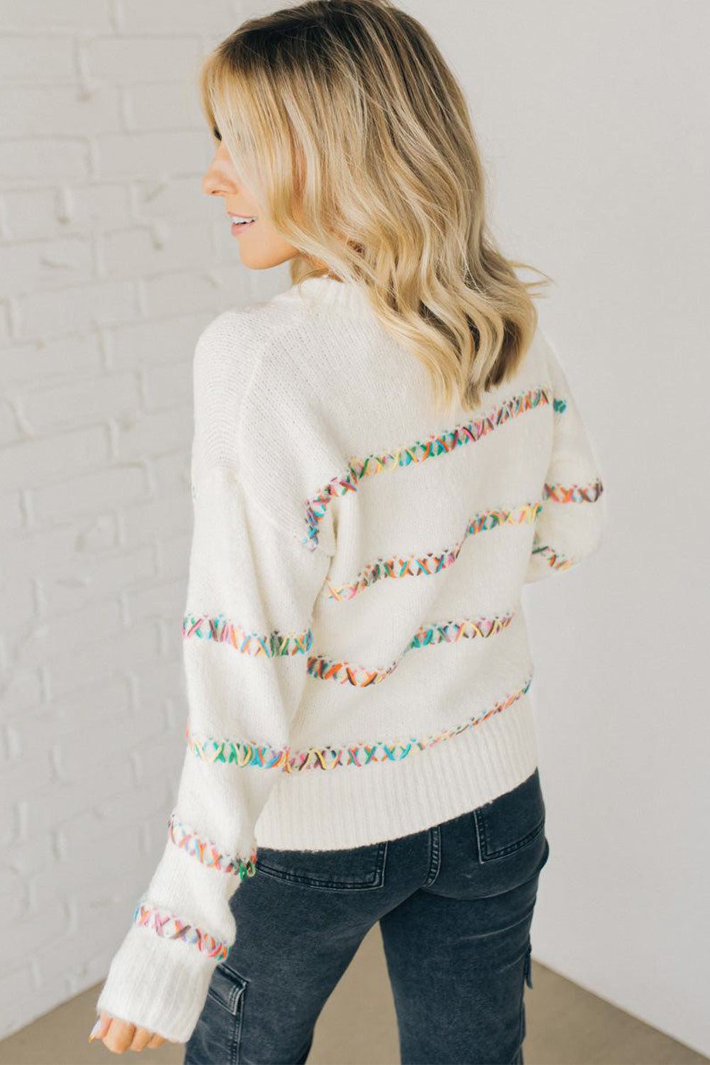 White Colorful Crossed Stitch Drop Shoulder Sweater Sweaters JT's Designer Fashion