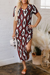 Red Western Aztec Printed Long T-shirt Dress T Shirt Dresses JT's Designer Fashion