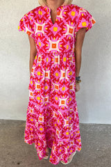 Strawberry Pink Geo Print V-neck Long Dress Strawberry Pink 100%Polyester Maxi Dresses JT's Designer Fashion