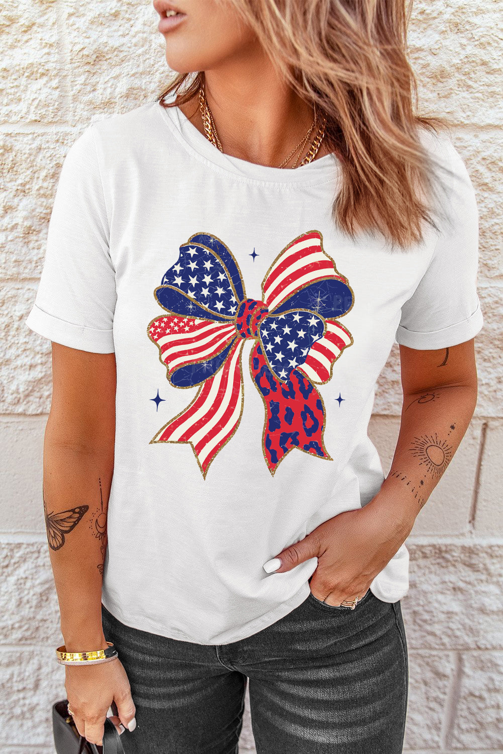 White Stars and Stripes Bow Print 4th of July T Shirt Graphic Tees JT's Designer Fashion