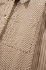 Pale Khaki Hooded Drawstring Pockets Corduroy Shacket Jackets JT's Designer Fashion