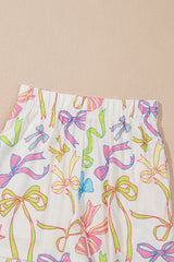 White Cheerful Bow Print Elastic Pull On Casual Shorts Casual Shorts JT's Designer Fashion
