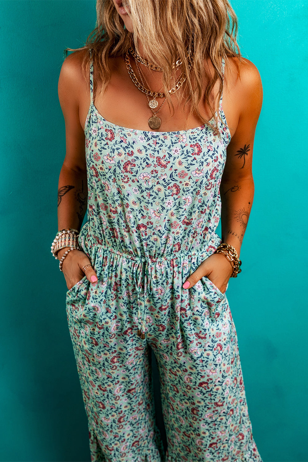 Green Bohemian Floral Ruffle Bottom Spaghetti Strap Jumpsuit Jumpsuits & Rompers JT's Designer Fashion