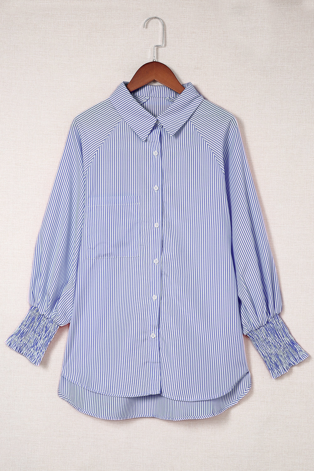 Blue Stripe Smocked Cuffed Striped Boyfriend Shirt with Pocket Blouses & Shirts JT's Designer Fashion