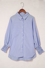 Blue Stripe Smocked Cuffed Striped Boyfriend Shirt with Pocket Blouses & Shirts JT's Designer Fashion