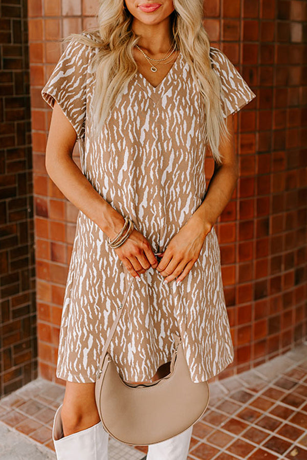 Khaki Abstract Print V Neck Short Sleeve Shift T Shirt Dress T Shirt Dresses JT's Designer Fashion