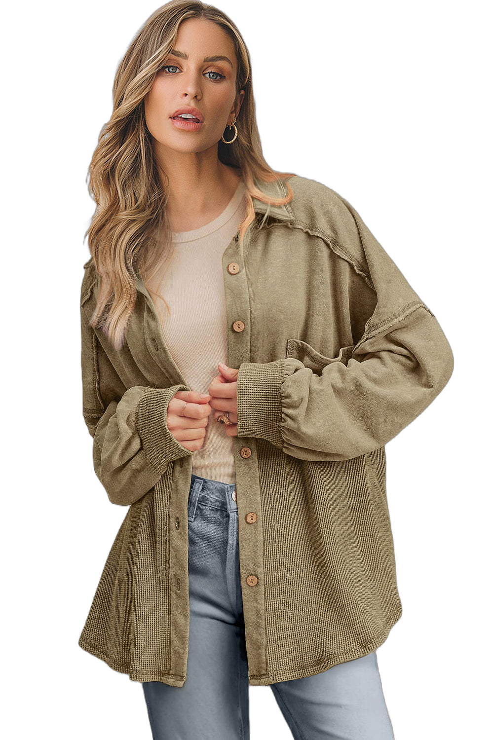 Moss Green Waffle Knit Patchwork Buttoned Oversized Shacket Jackets JT's Designer Fashion
