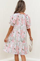 Pink Floral Contrast Edge Layered Short Sleeve Mini Dress Floral Dresses JT's Designer Fashion