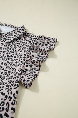 Brown Leopard Half Zipper Collared Ruffled Sleeve Top and Short Set Short Sets JT's Designer Fashion