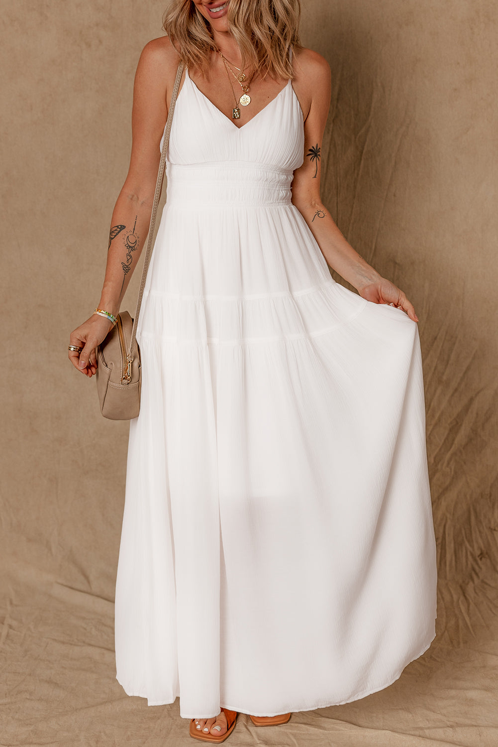 White Spaghetti Straps High Waist Elegant Long Dress White 100%Polyester Maxi Dresses JT's Designer Fashion
