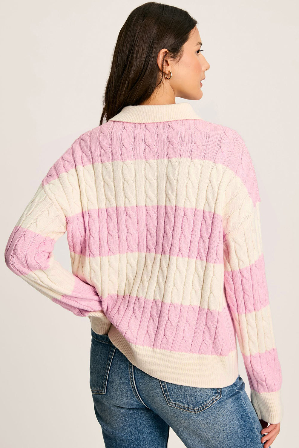 Pink Stripe Cable Knit Collared Henley Sweater Sweaters JT's Designer Fashion