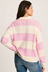 Pink Stripe Cable Knit Collared Henley Sweater Sweaters JT's Designer Fashion