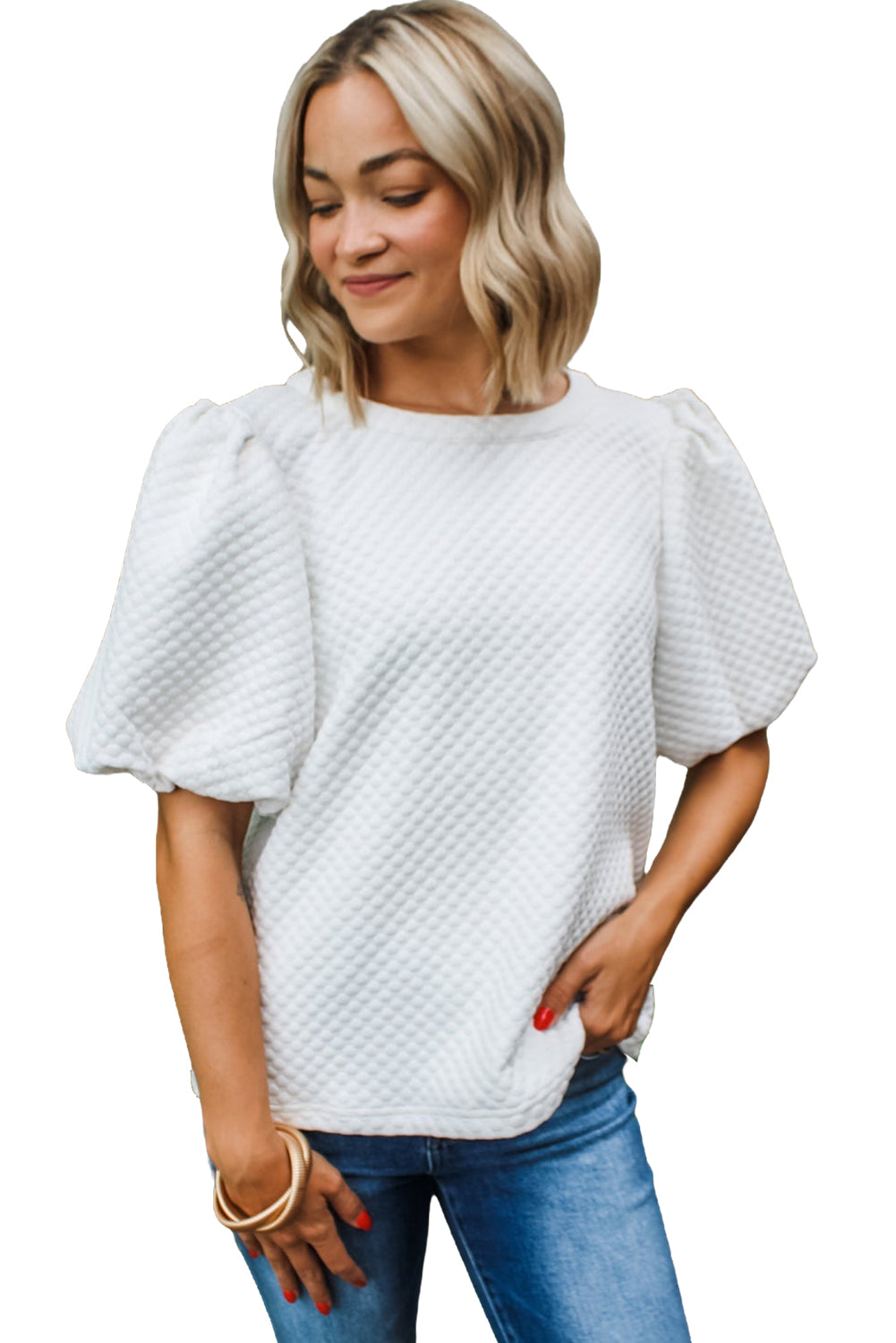 White Solid Textured O Neck Puff Sleeve Blouse Blouses & Shirts JT's Designer Fashion
