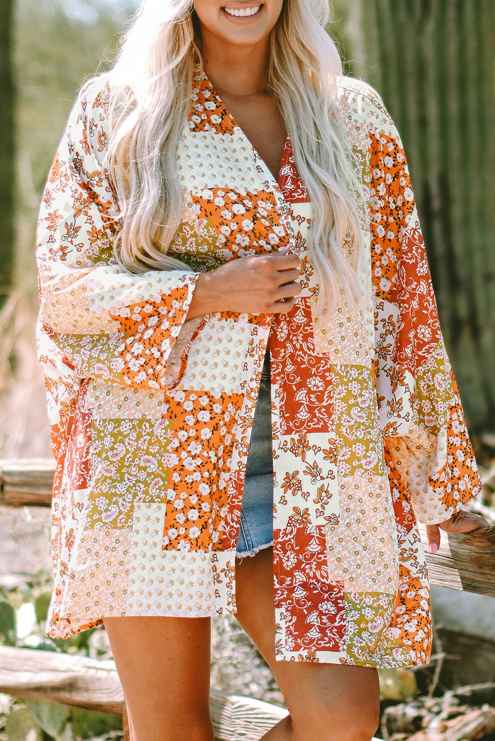 White Boho Patchwork Floral Open Front Kimono Kimonos JT's Designer Fashion