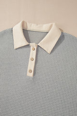 Khaki Textured Colorblock Collared Henley Top Long Sleeve Tops JT's Designer Fashion