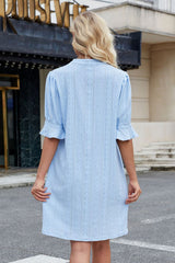 Beau Blue Jacquard Texture Flared Short Sleeve Notched Neck Mini Dress Mini Dresses JT's Designer Fashion