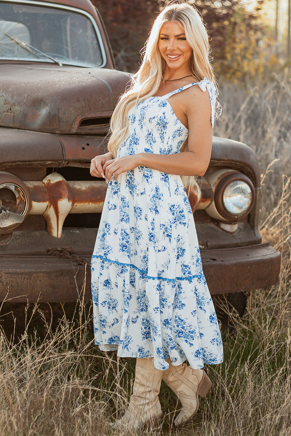 Sky Blue Floral Print Shirred Knot Shoulder Sleeveless Long Dress Floral Dresses JT's Designer Fashion